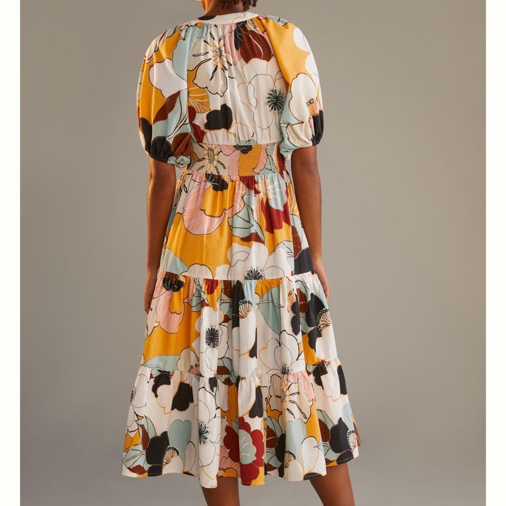 Floral Puff-Sleeve Tiered Midi Dress in Multi - Picture 2 of 4